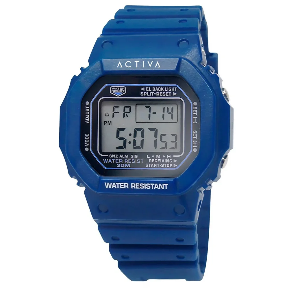 Activa Mens Digital Sports Watch Navy Blue Resin Square Case 30M Water Resistant